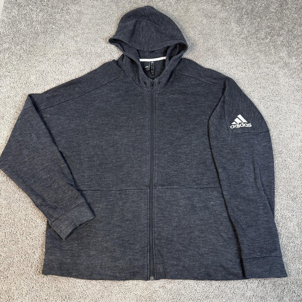 Adidas Hoodie Mens 2XL Gray Full Zip Hooded Pockets Fleece Logo Embroidered